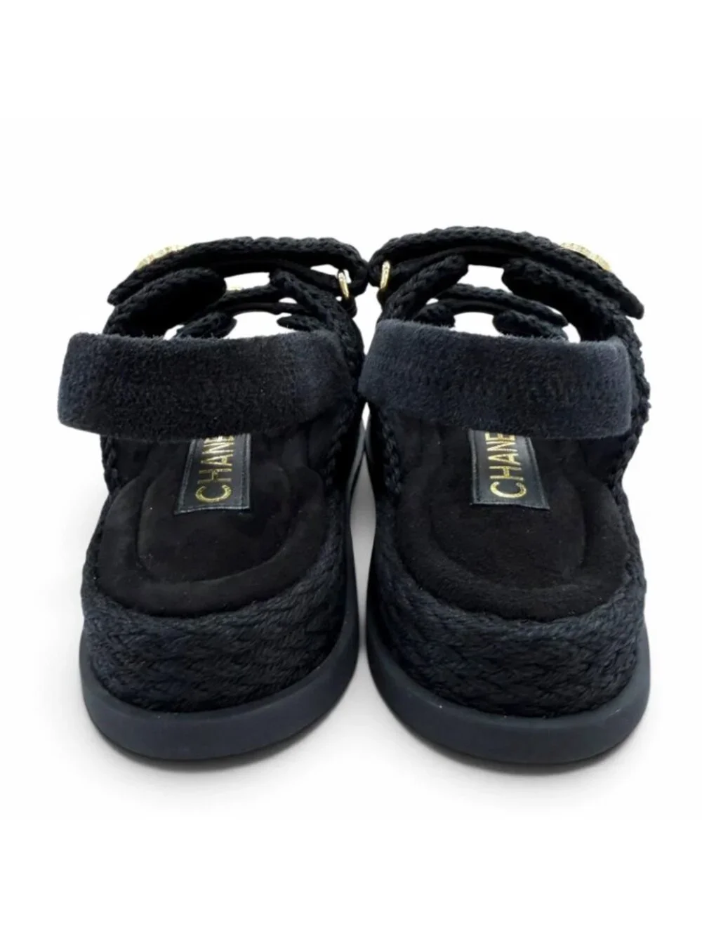 Chanel Suede Leather CC Logo Velcro Knit Sandals Black